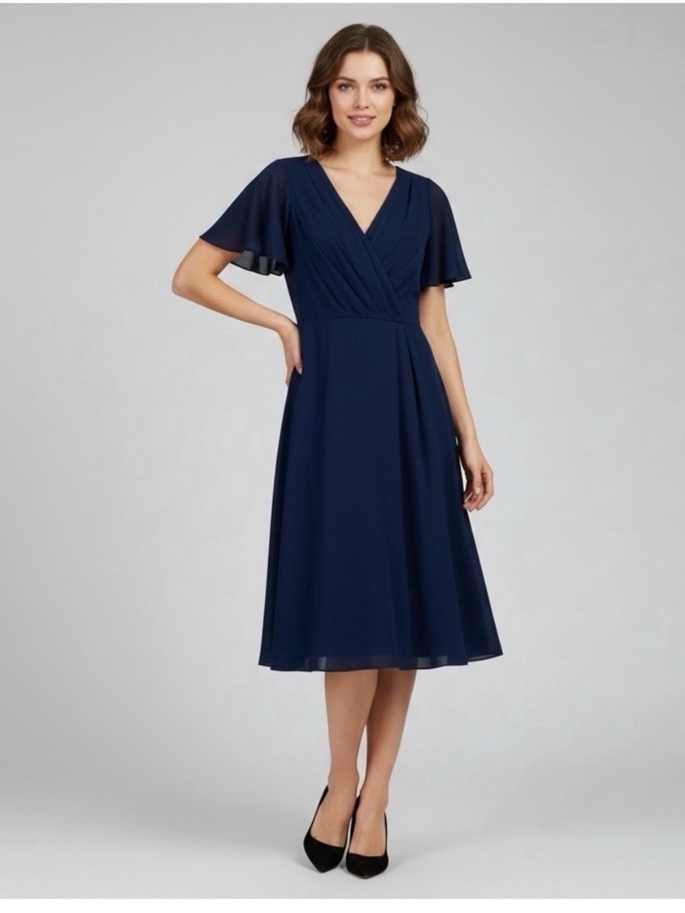 Ralph Lauren georgette butterfly sleeve wrap front navy blue dress, 4